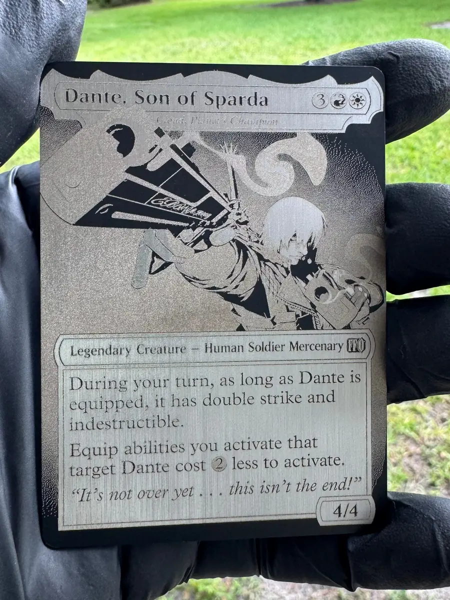 Dante, Son of Sparda, engraved into a stainless steel plate and held in the hand