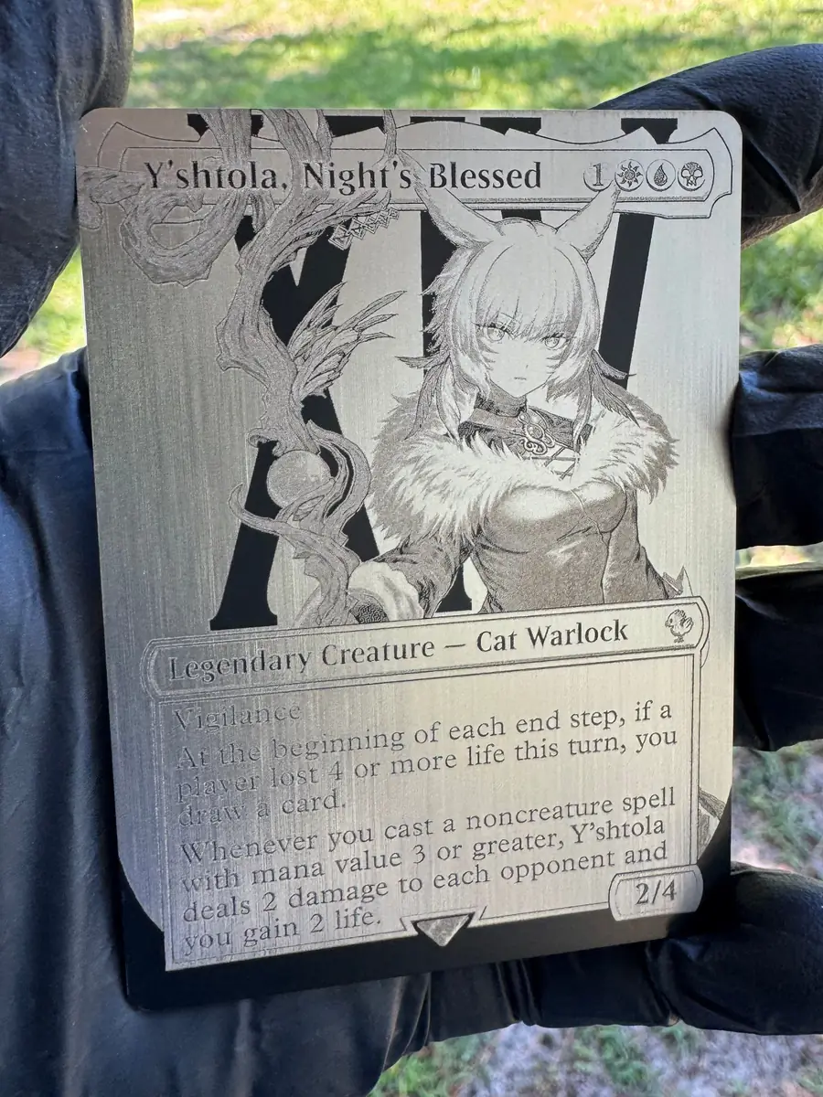 Y’shtola, Night’s Blessed, engraved into a stainless steel plate and held in the hand