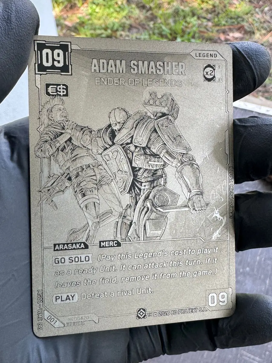 Adam Smasher, Ender of Legends, engraved into a stainless steel plate and held in the hand