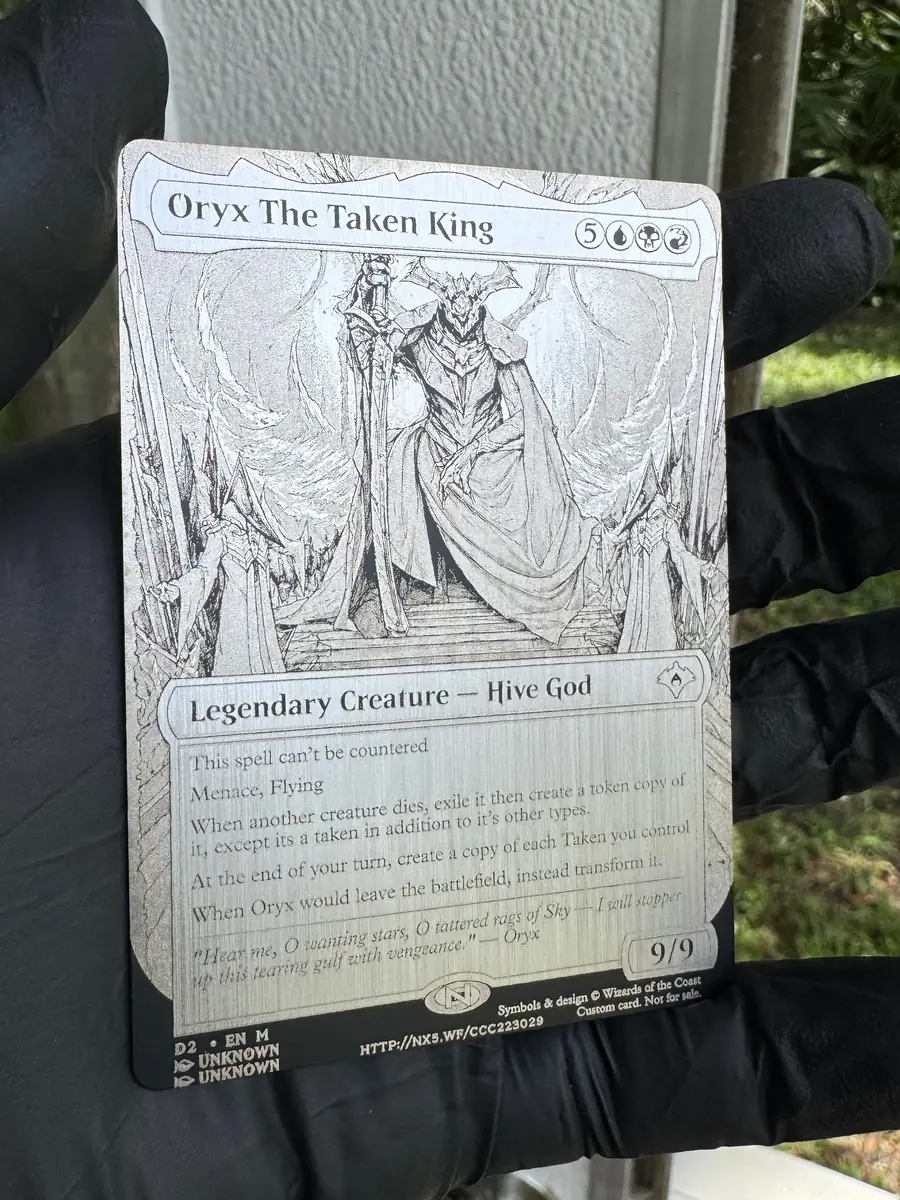 Oryx The Taken King, engraved into a stainless steel plate and held in the hand